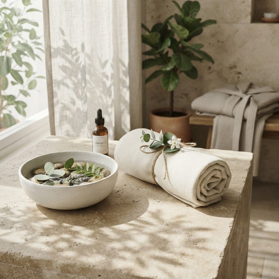 Folded towels and botanicals in a treatment room at Skinovatio Lincoln Park