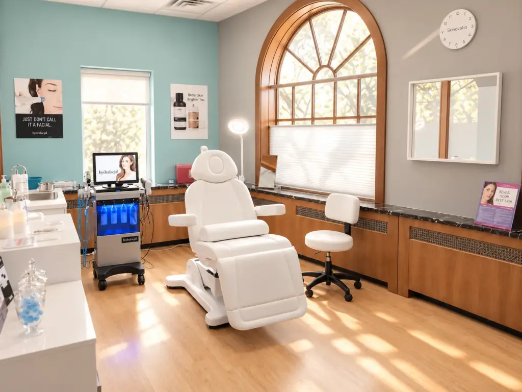 A treatment room at Skinovatio Lincoln Park, with a reclining chair and a HydraFacial machine beside an arched window