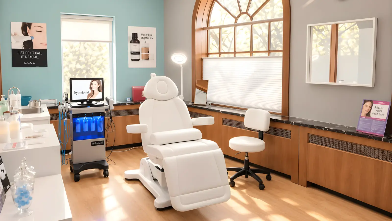 A treatment room at Skinovatio Lincoln Park, with a reclining chair and a HydraFacial machine beside an arched window