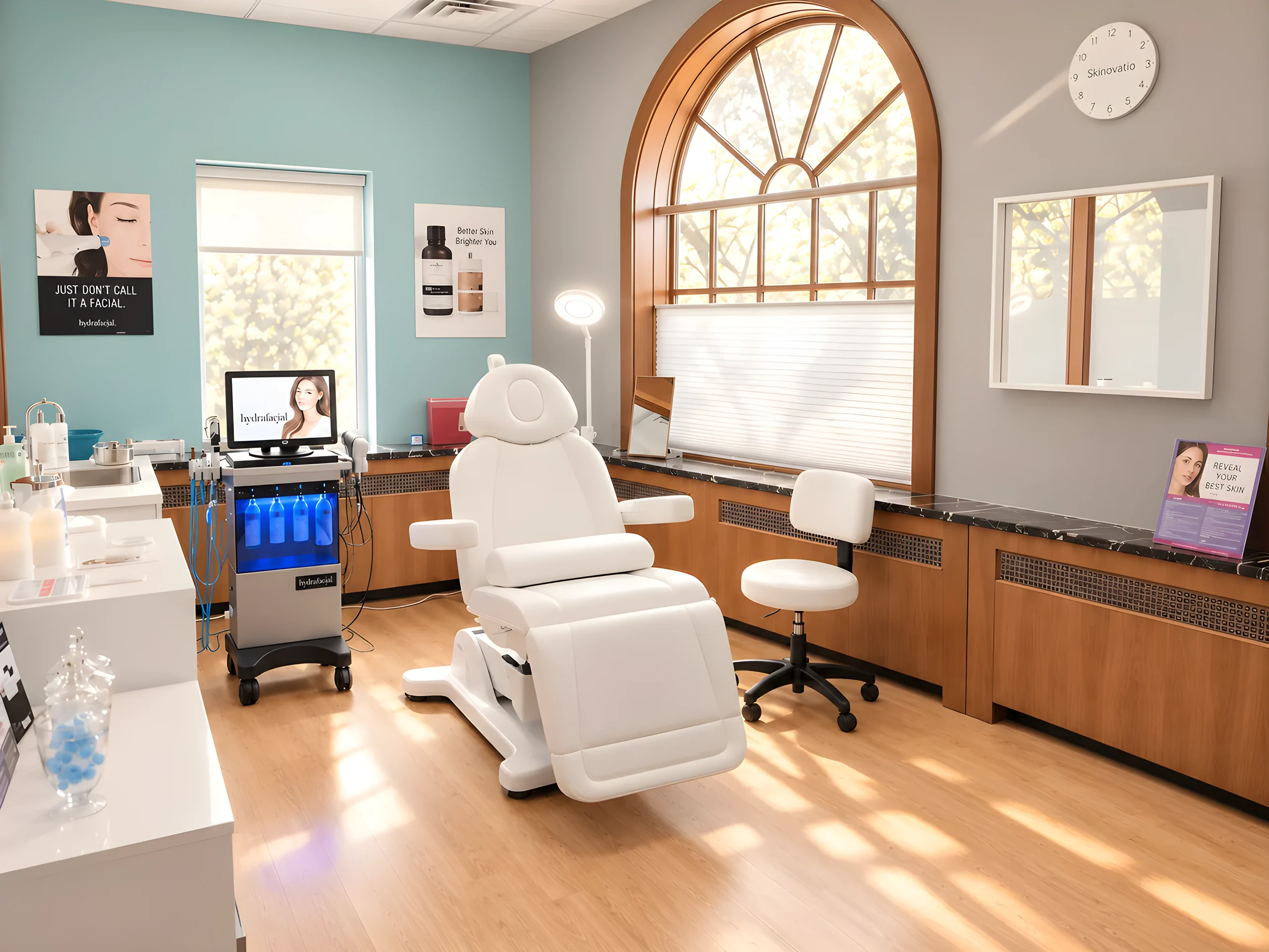 Consult and treatment room at Skinovatio Lincoln Park with an arched window and natural daylight
