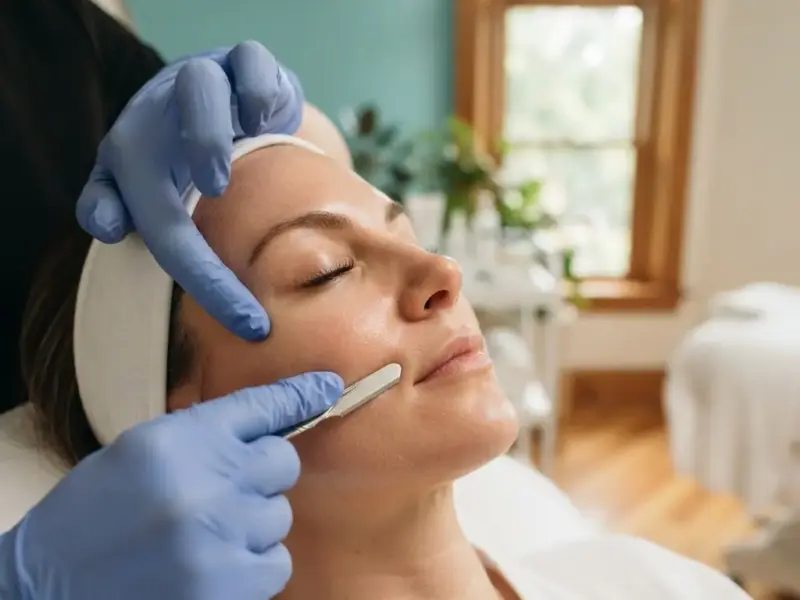 Dermaplaning being performed in the Lincoln Park treatment room
