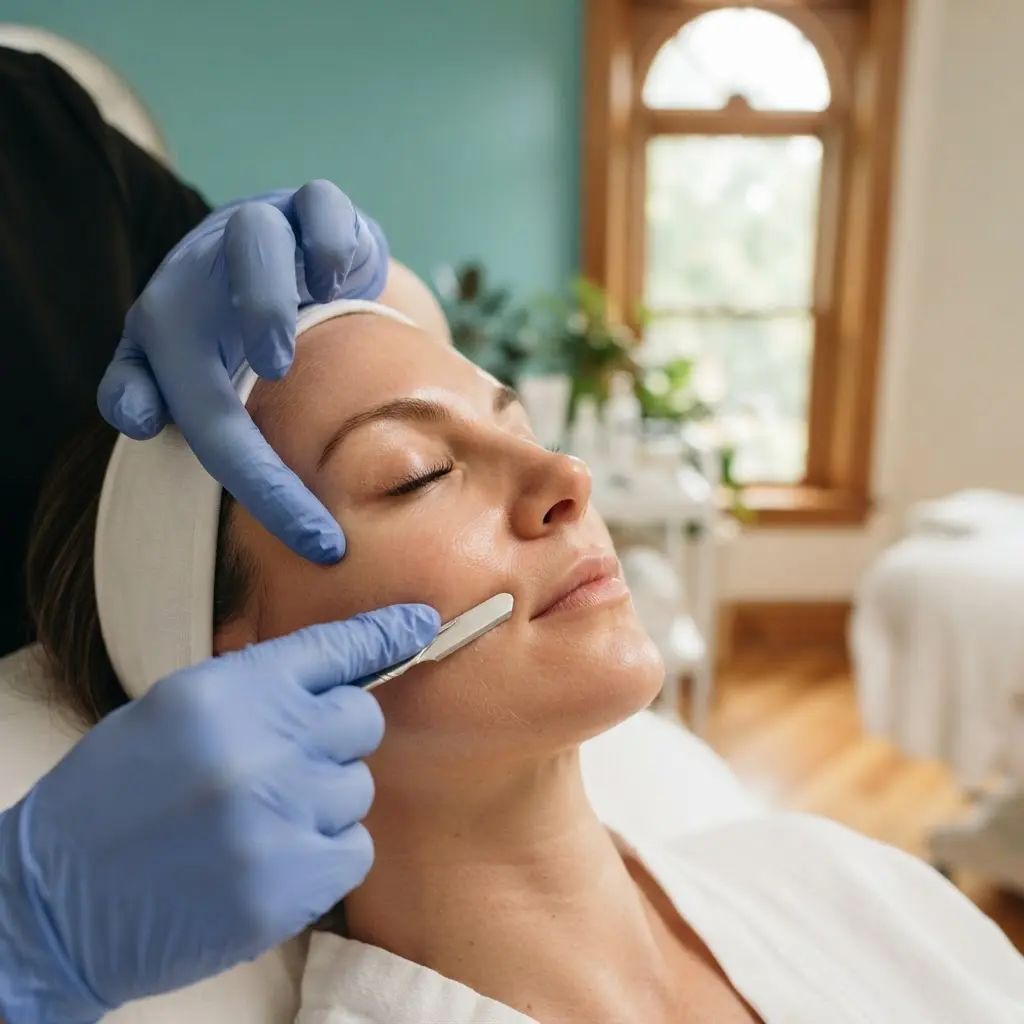 Dermaplaning being performed in the Lincoln Park treatment room