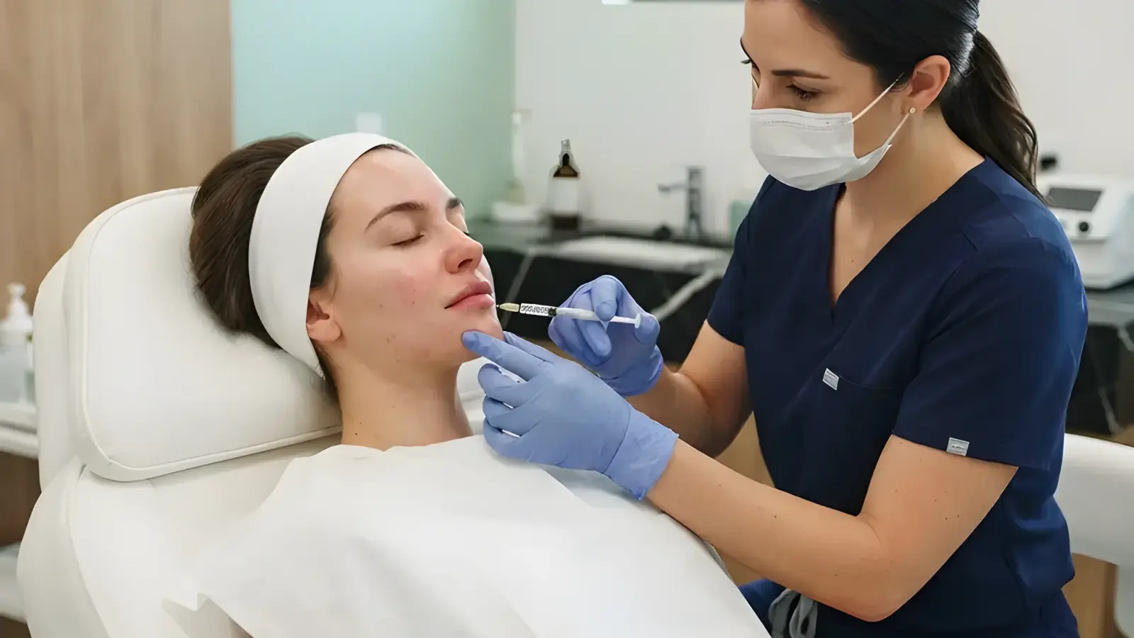 Lip filler being performed in the Lincoln Park treatment room