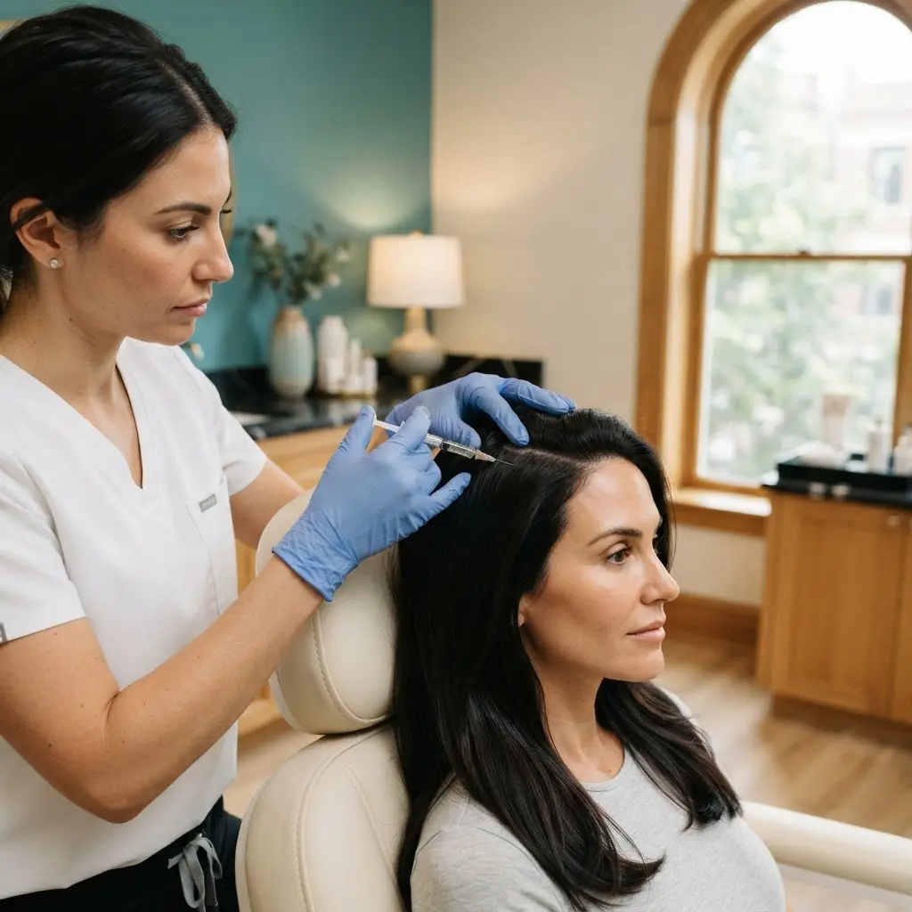 PRP hair restoration being performed in the Lincoln Park treatment room