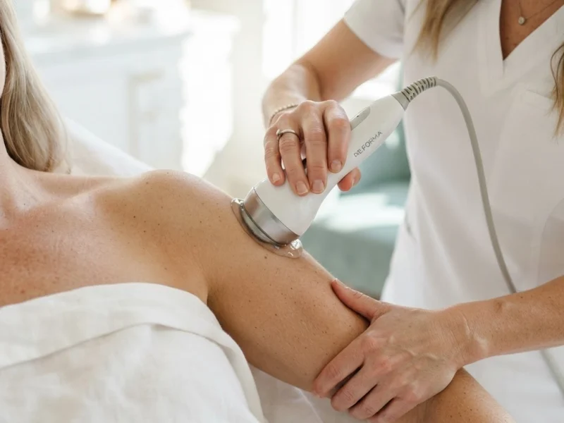 A provider using a Forma body contouring handpiece on a reclining patient at Skinovatio Lincoln Park
