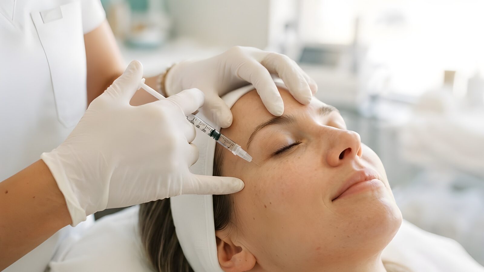 A provider in white injecting a patient's forehead in a treatment room at Skinovatio Lincoln Park
