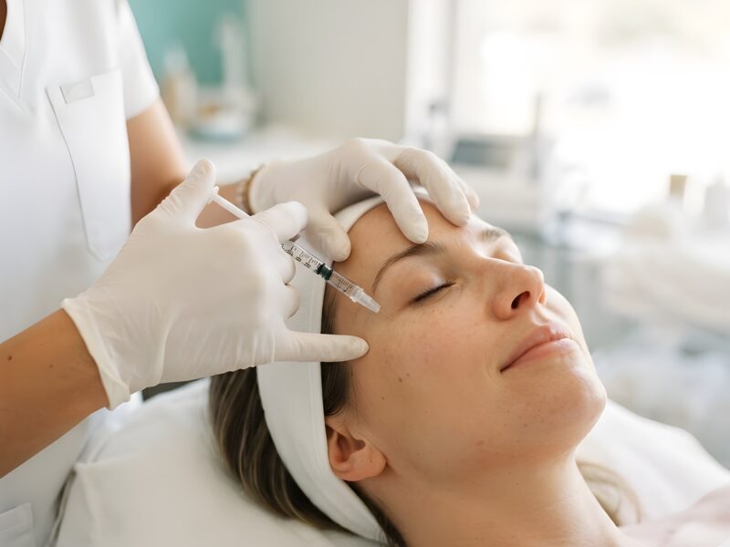 A provider in white injecting a patient's forehead in a treatment room at Skinovatio Lincoln Park