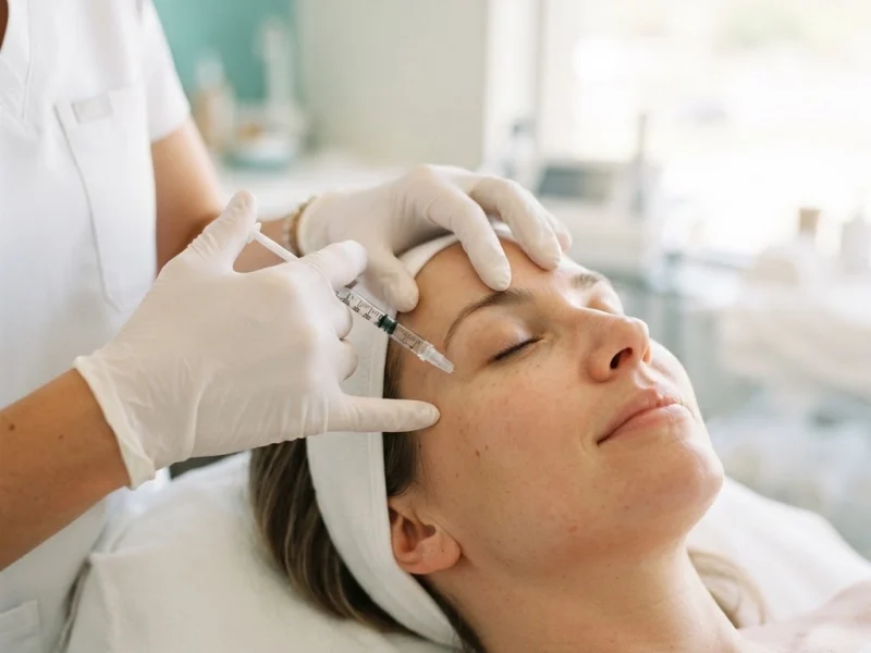 A provider in white injecting a patient's forehead in a treatment room at Skinovatio Lincoln Park