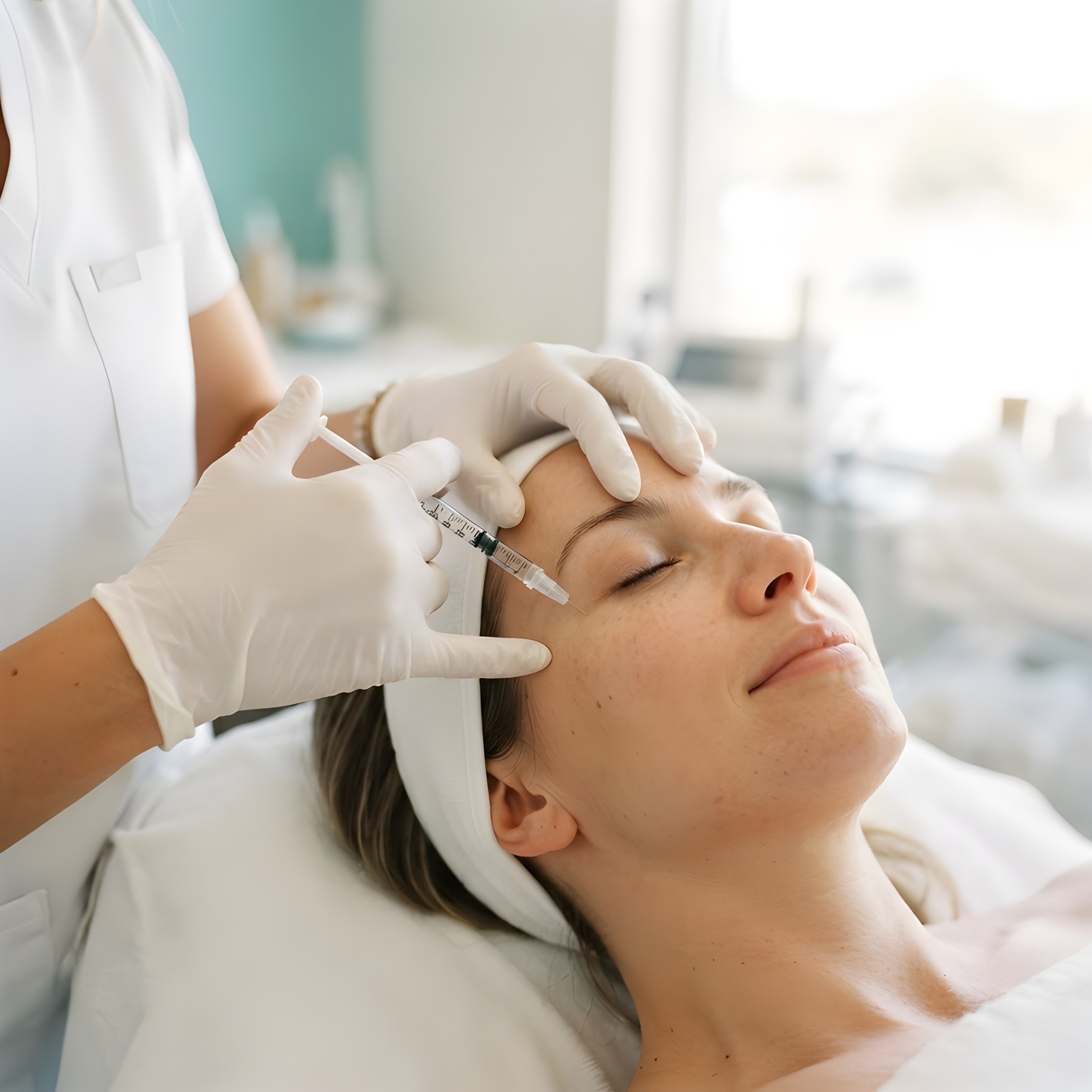 A provider in white injecting a patient's forehead in a treatment room at Skinovatio Lincoln Park