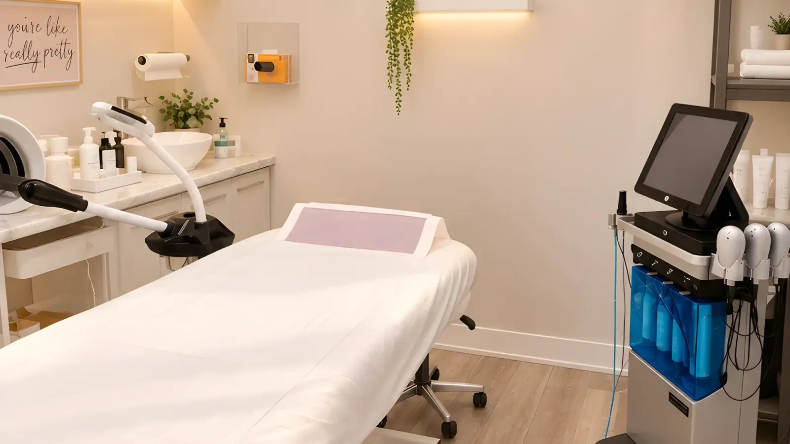 Treatment room at Skinovatio Lincoln Park with HydraFacial equipment and a treatment bed