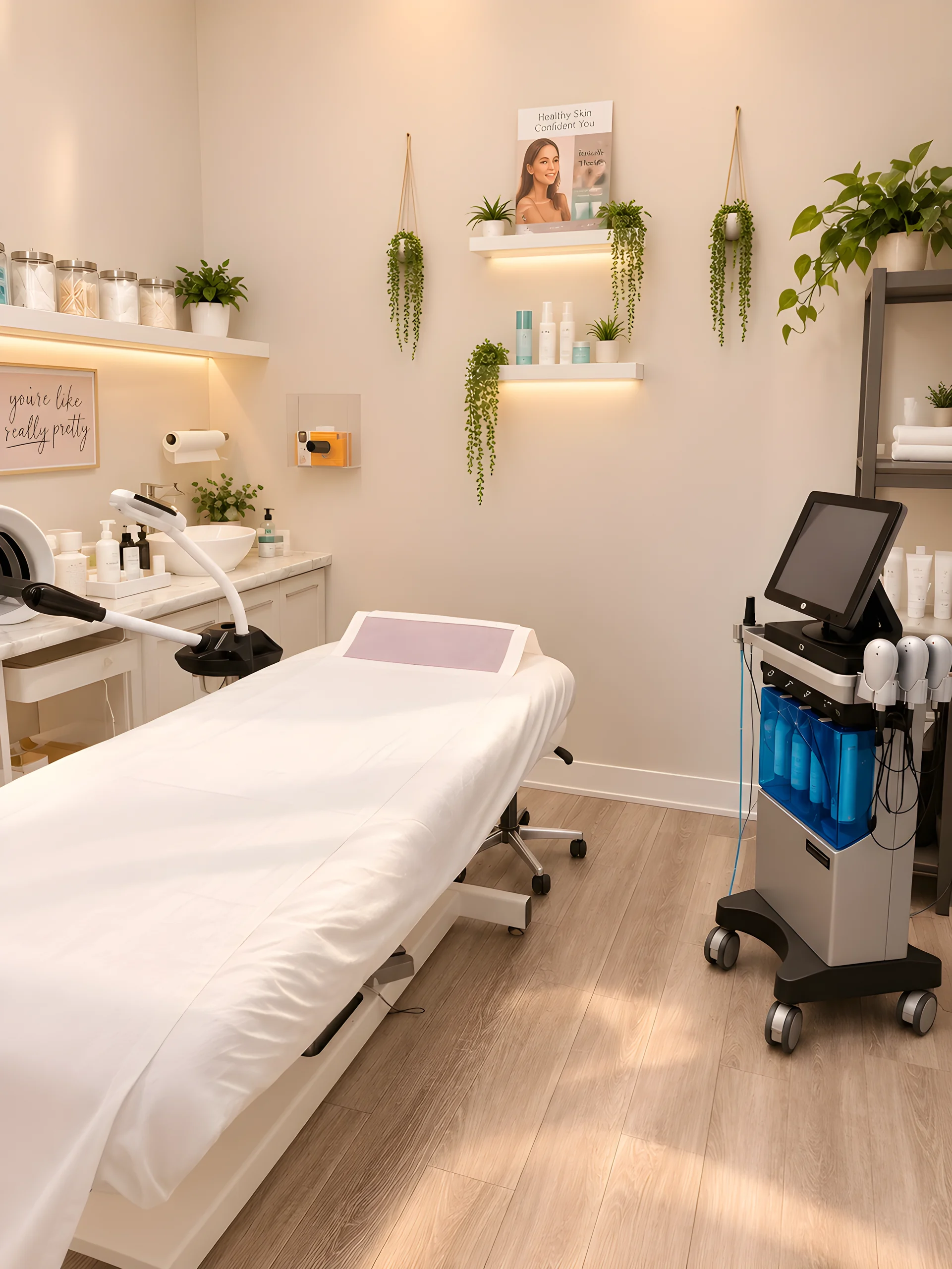 Treatment room at Skinovatio Lincoln Park with HydraFacial equipment and a treatment bed