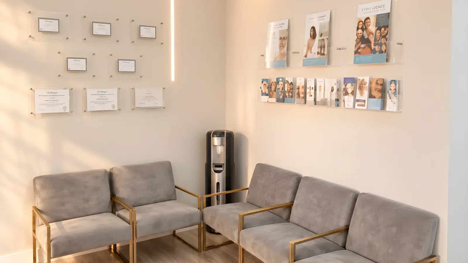 Waiting lounge at the Lincoln Park med spa with velvet chairs and framed certificates