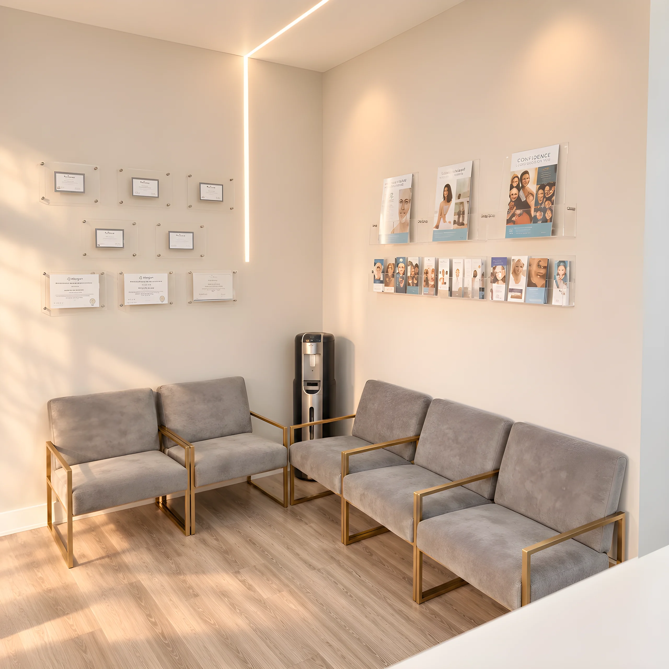 Waiting lounge at the Lincoln Park med spa with velvet chairs and framed certificates