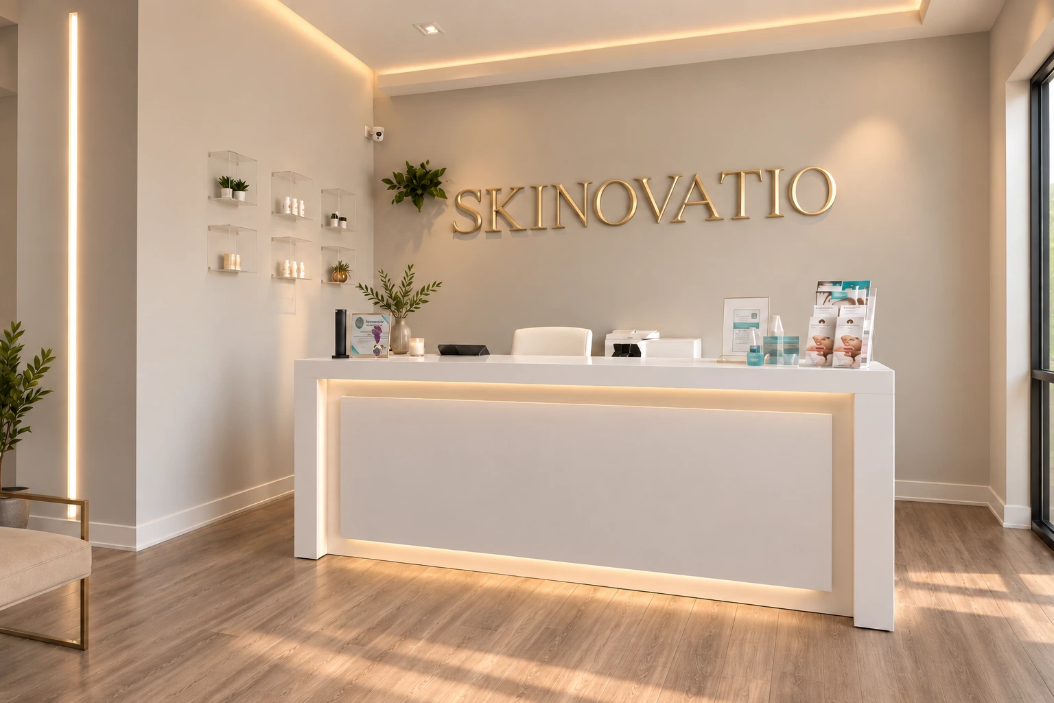 Front desk at Skinovatio Lincoln Park with gold lettering and warm lighting